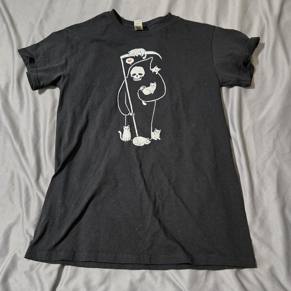 Gildan “Death’s A Cat Person” Unisex T-Shirt Size Small In Black Grim Reaper Cat
